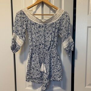 Hollister Blue and White Floral Off-Shoulder Romper